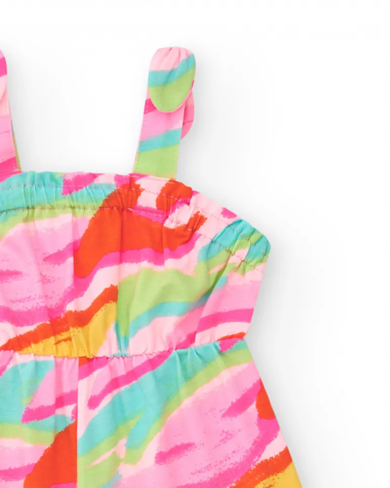 Combinaison rose pour fille avec imprimé tropical et taille élastique