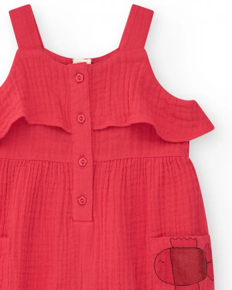 Combinaison rouge pour fille avec volants et poches avec applique de poisson