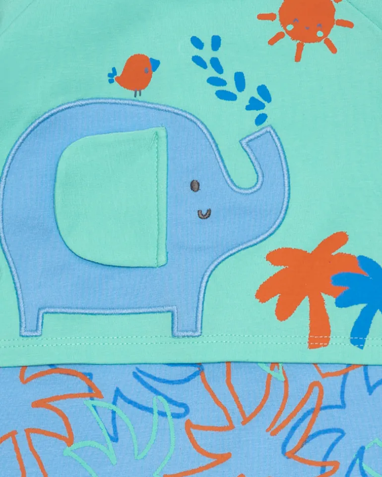 Combinaison verte pour garçon avec imprimé de palmiers, éléphant et soleil