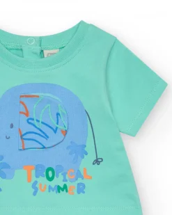 Combinaison verte pour garçon avec imprimé d'éléphant et feuilles dans des tons bleus, verts et oranges
