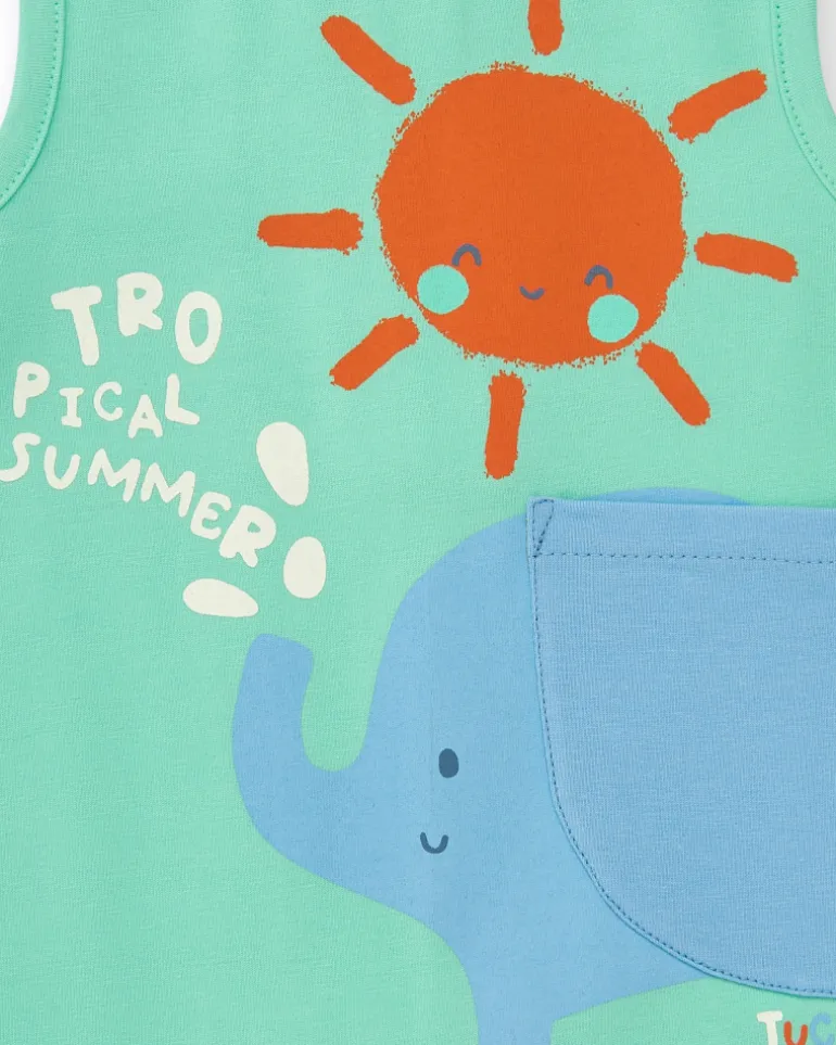 Combinaison verte sans manches pour garçon avec imprimé d'éléphant et soleil