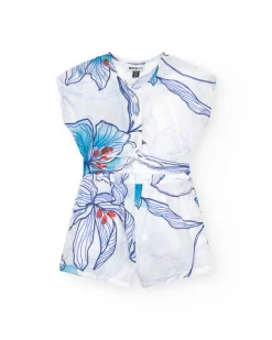 Combishort pour fille en blanc avec taille élastique et imprimé floral.