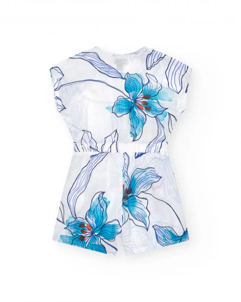 Combishort pour fille en blanc avec taille élastique et imprimé floral.