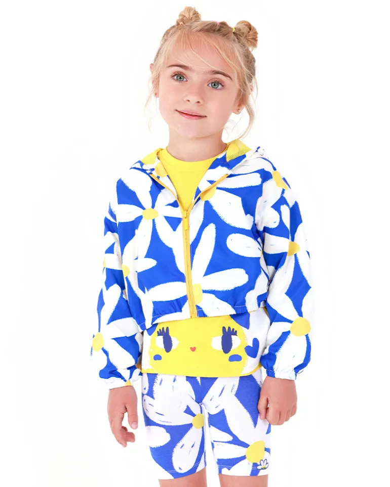 Coupe-vent bleu pour fille avec fleurs et détails jaunes