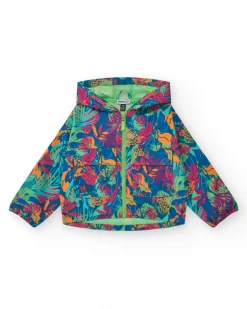 Coupe-vent pour fille avec imprimé tropical, capuche et fermeture éclair.