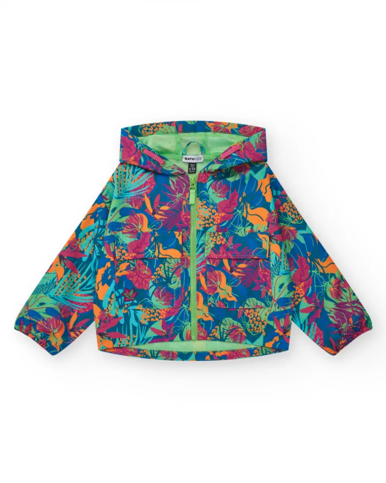 Coupe-vent pour fille avec imprimé tropical, capuche et fermeture éclair.