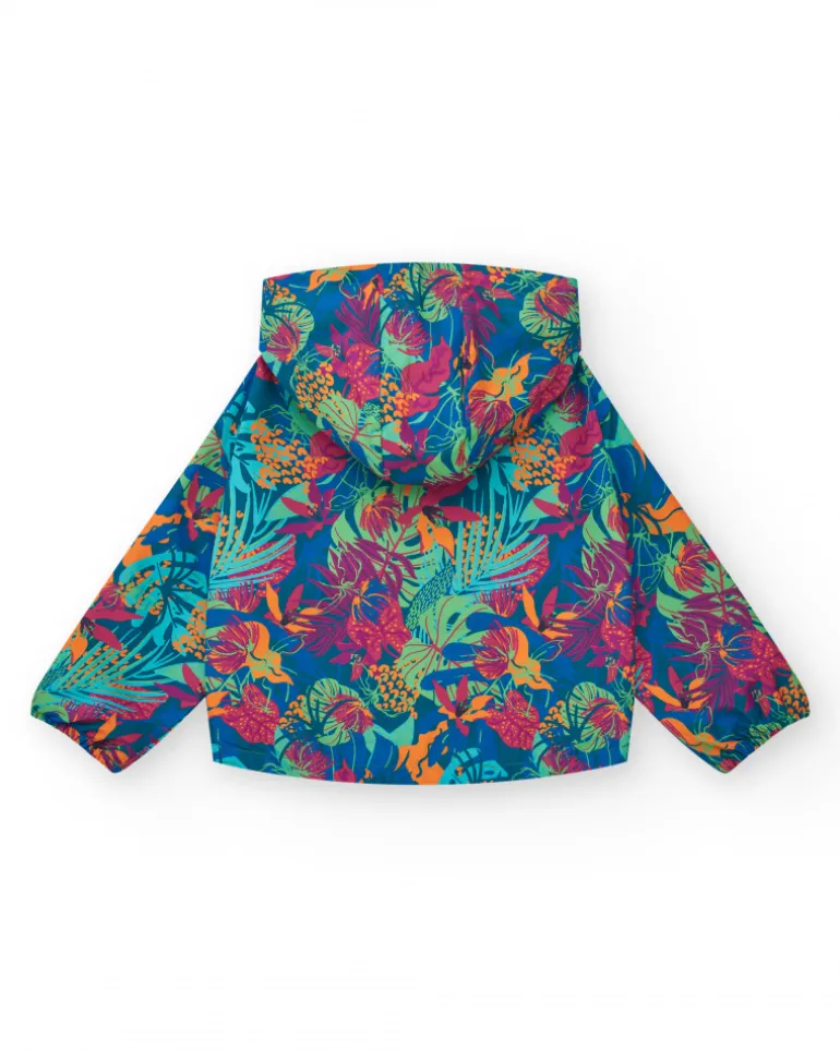 Coupe-vent pour fille avec imprimé tropical, capuche et fermeture éclair.