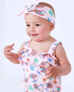 Diadème en tricot pour fille rose avec imprimé tropical de palmiers et soleils