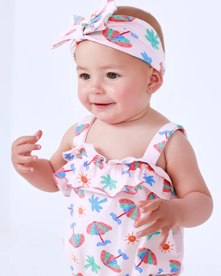 Diadème en tricot pour fille rose avec imprimé tropical de palmiers et soleils