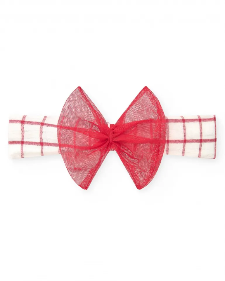 Diadème en tricot pour fille avec carreaux rouges et blancs et nœud en tulle