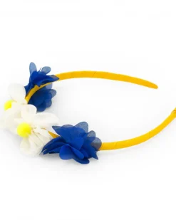 Diadème rigide jaune pour fille avec fleurs bleues et blanches