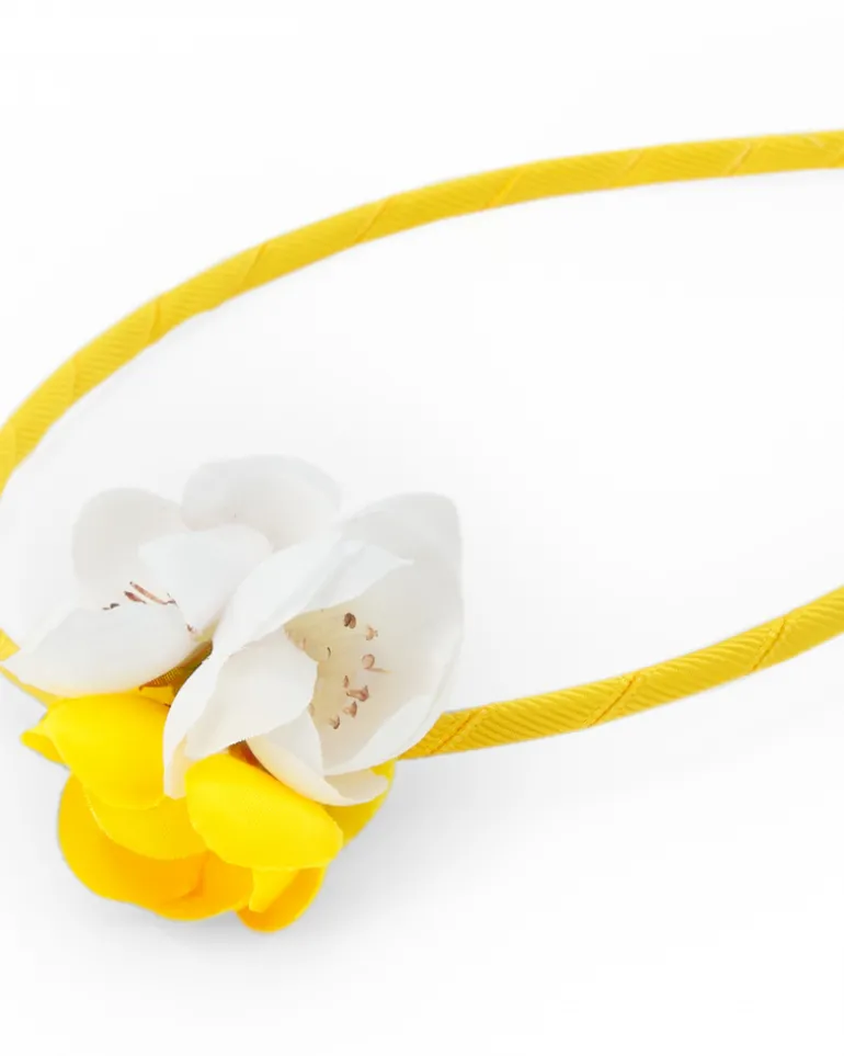 Diadème rigide jaune pour fille avec fleurs blanches et jaunes
