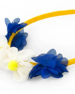 Diadème rigide jaune pour fille avec fleurs bleues et blanches