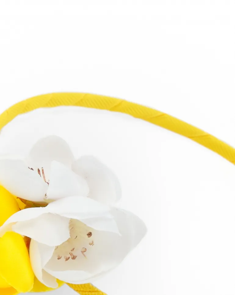 Diadème rigide jaune pour fille avec fleurs blanches et jaunes