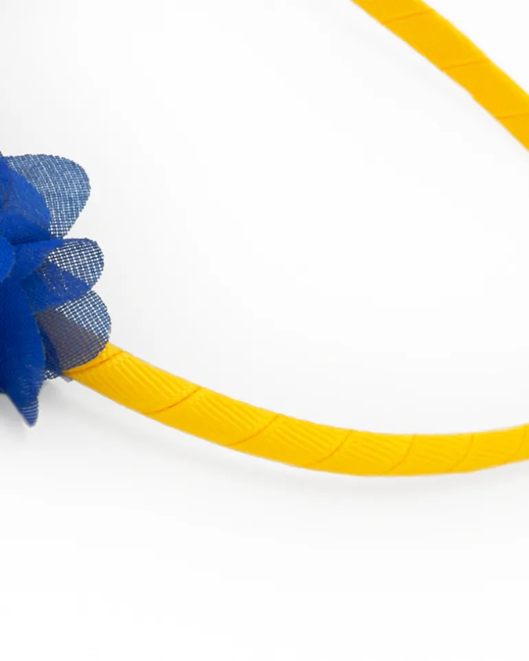 Diadème rigide jaune pour fille avec fleurs bleues et blanches