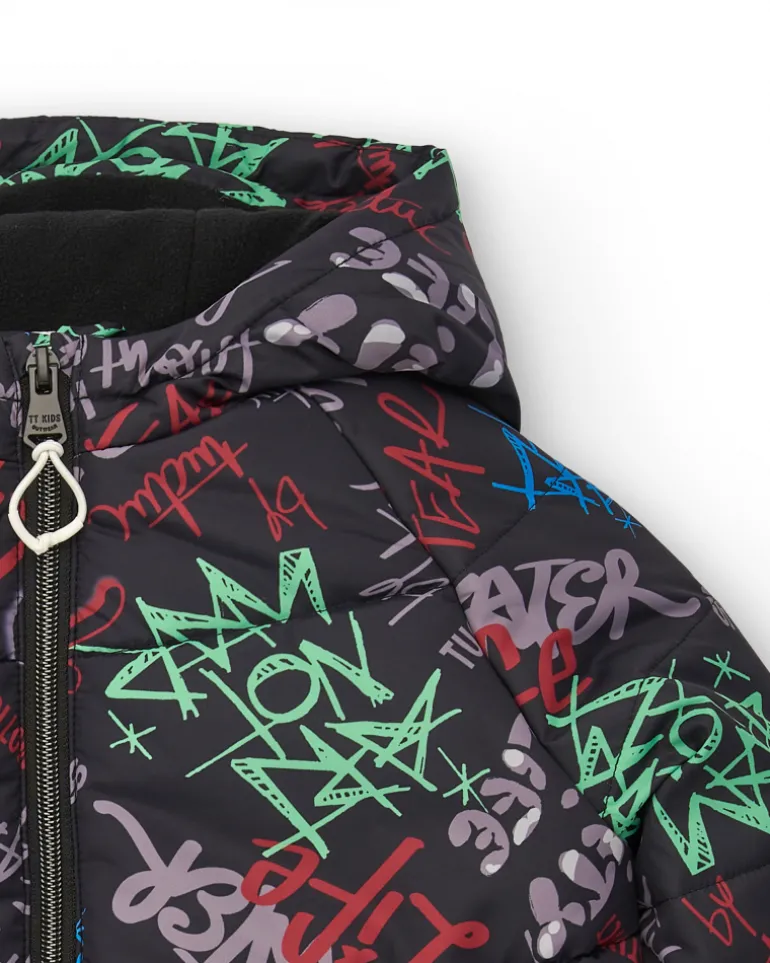Doudoune garçon noire à imprimé graphique skater collection Skater Life