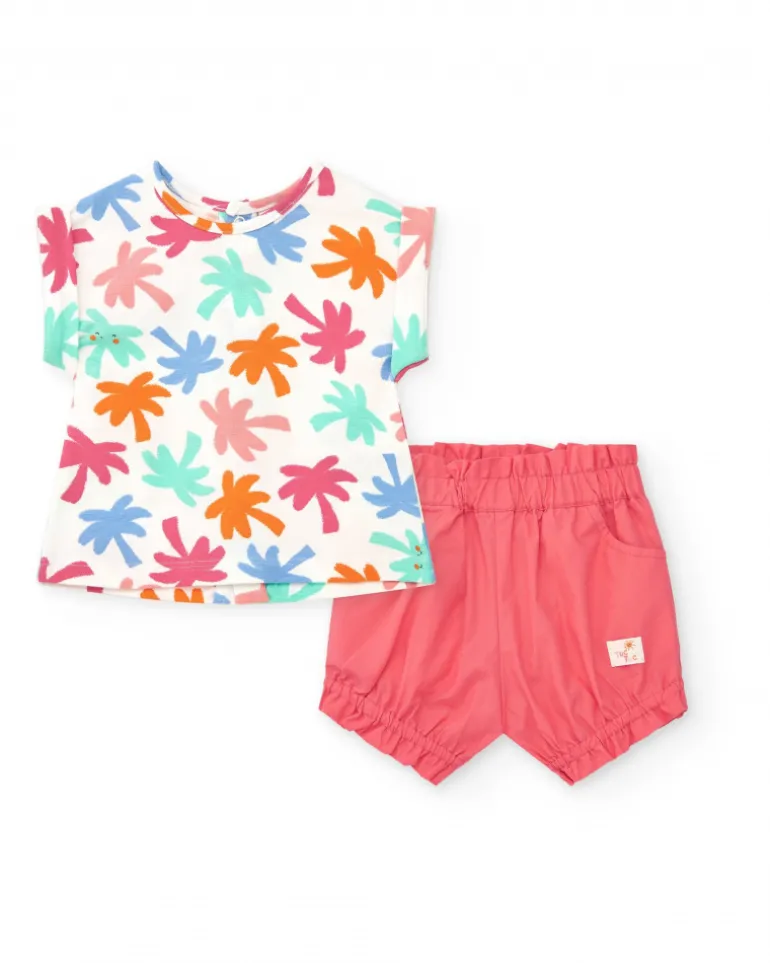 Ensemble blanc et corail pour fille avec t-shirt de feuilles tropicales et shorts froncés