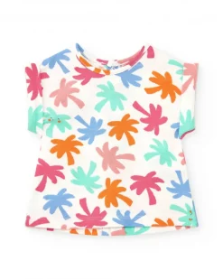 Ensemble blanc et corail pour fille avec t-shirt de feuilles tropicales et shorts froncés
