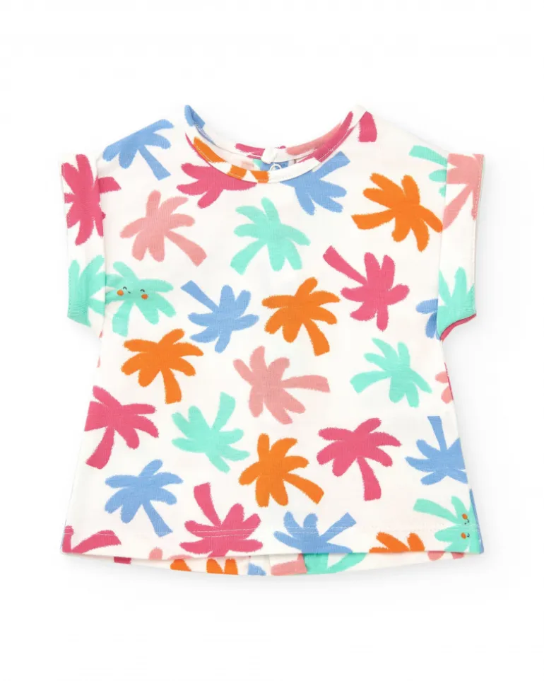 Ensemble blanc et corail pour fille avec t-shirt de feuilles tropicales et shorts froncés