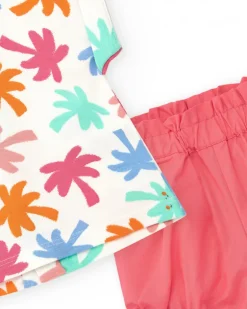 Ensemble blanc et corail pour fille avec t-shirt de feuilles tropicales et shorts froncés