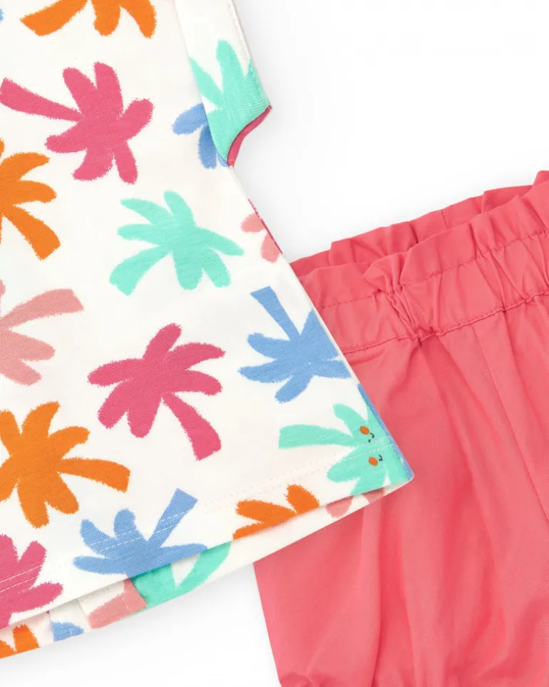 Ensemble blanc et corail pour fille avec t-shirt de feuilles tropicales et shorts froncés