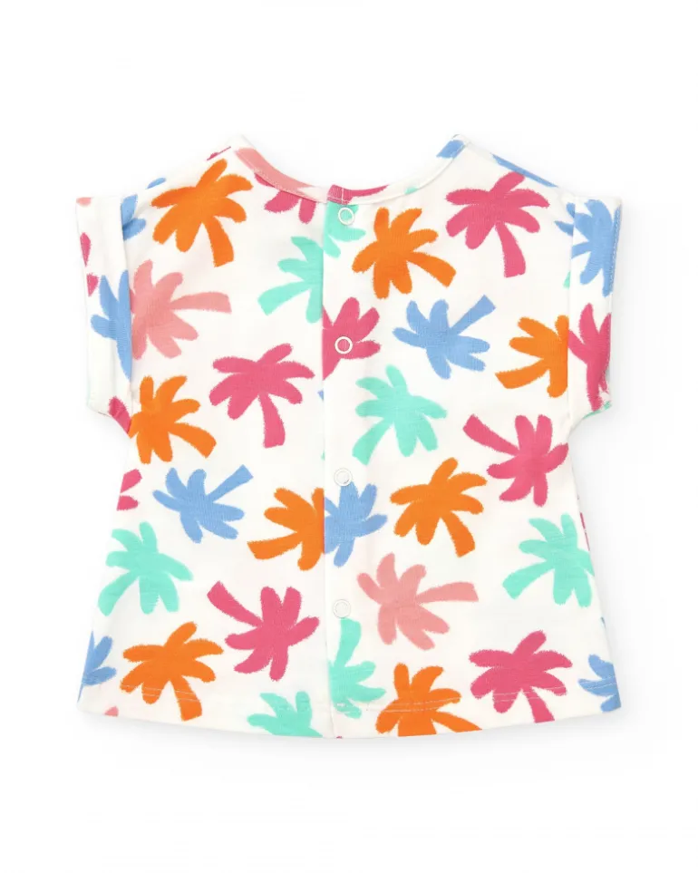 Ensemble blanc et corail pour fille avec t-shirt de feuilles tropicales et shorts froncés