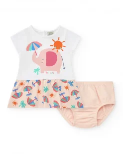 Ensemble blanc pour fille avec robe d'éléphant et culotte tropicale