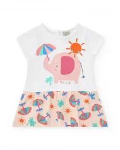 Ensemble blanc pour fille avec robe d'éléphant et culotte tropicale