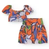 Ensemble chemise courte et jupe pour fille en orange et bleu avec imprimé floral