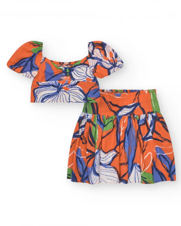 Ensemble chemise courte et jupe pour fille en orange et bleu avec imprimé floral