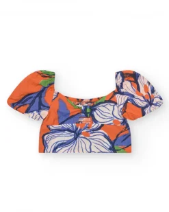 Ensemble chemise courte et jupe pour fille en orange et bleu avec imprimé floral