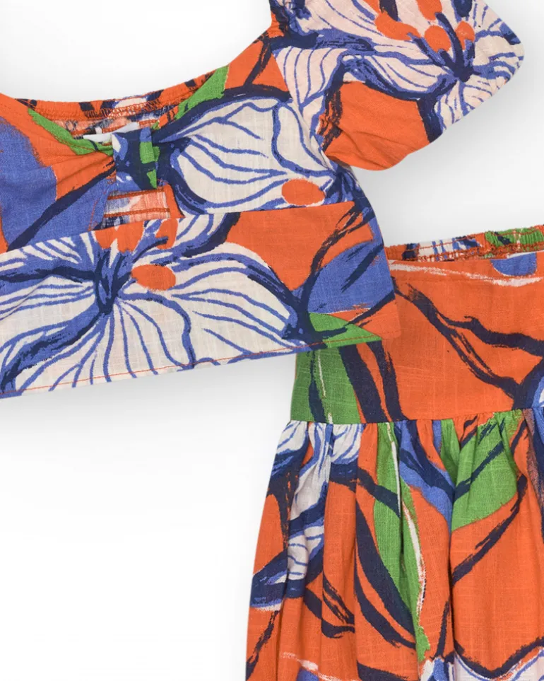 Ensemble chemise courte et jupe pour fille en orange et bleu avec imprimé floral