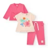 Ensemble crème et rose pour fille avec t-shirt d'éléphant, pantalon long et veste