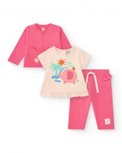 Ensemble crème et rose pour fille avec t-shirt d'éléphant, pantalon long et veste