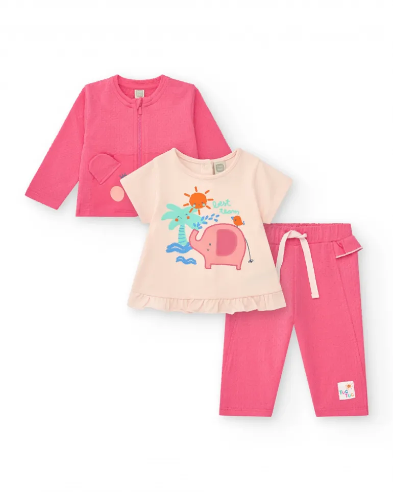 Ensemble crème et rose pour fille avec t-shirt d'éléphant, pantalon long et veste