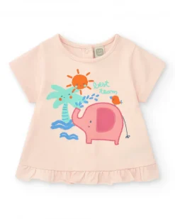 Ensemble crème et rose pour fille avec t-shirt d'éléphant, pantalon long et veste