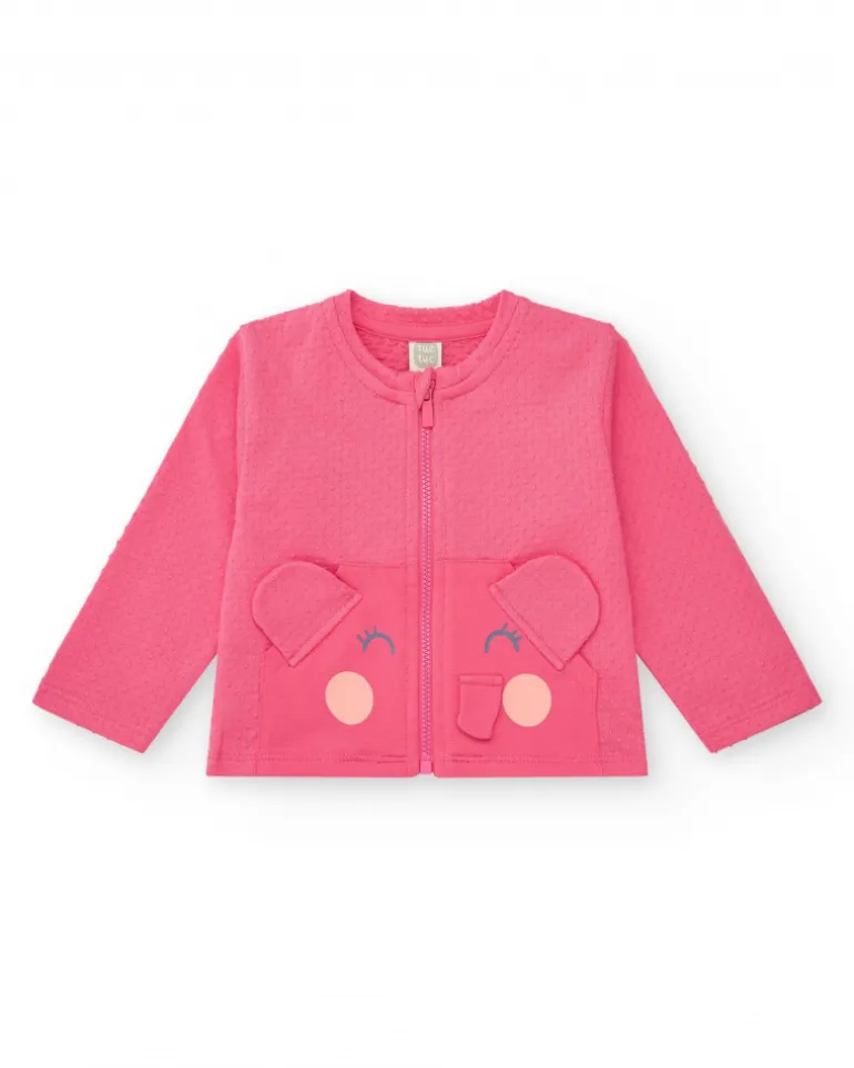 Ensemble crème et rose pour fille avec t-shirt d'éléphant, pantalon long et veste