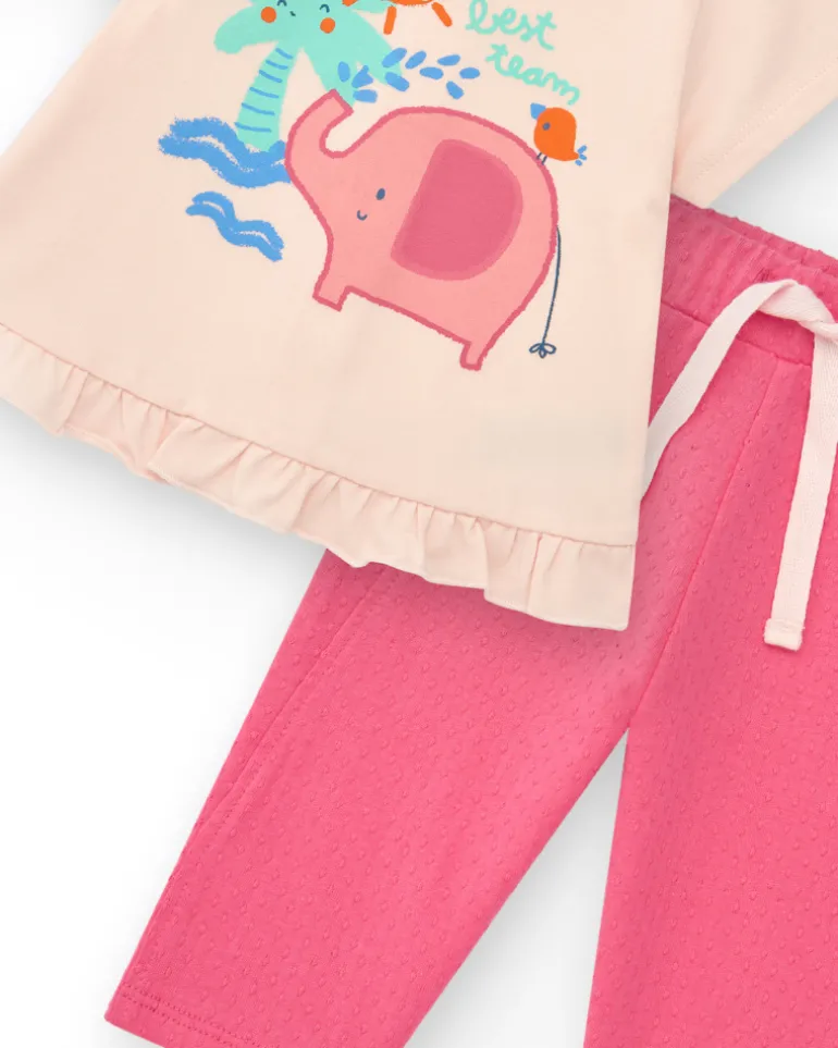 Ensemble crème et rose pour fille avec t-shirt d'éléphant, pantalon long et veste
