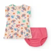 Ensemble crème pour fille avec robe de parasols et culotte rose