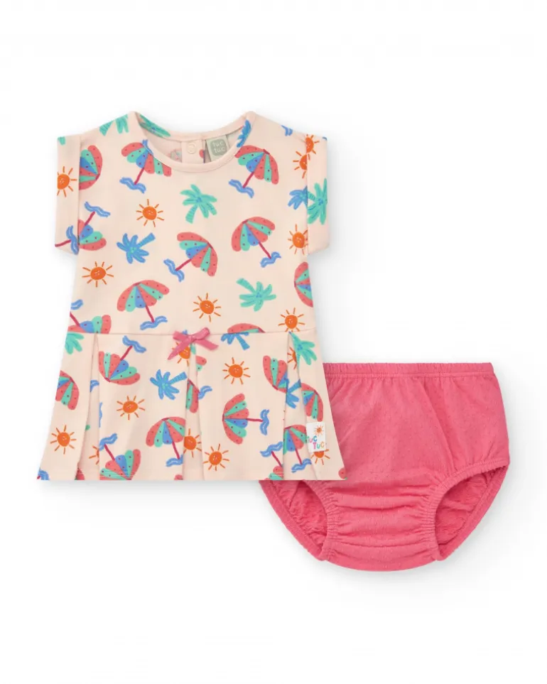 Ensemble crème pour fille avec robe de parasols et culotte rose