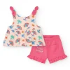 Ensemble crème pour fille avec blouse de parapluies et shorts roses à volants