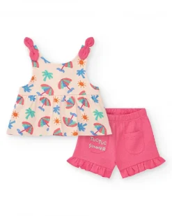 Ensemble crème pour fille avec blouse de parapluies et shorts roses à volants