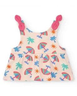 Ensemble crème pour fille avec blouse de parapluies et shorts roses à volants