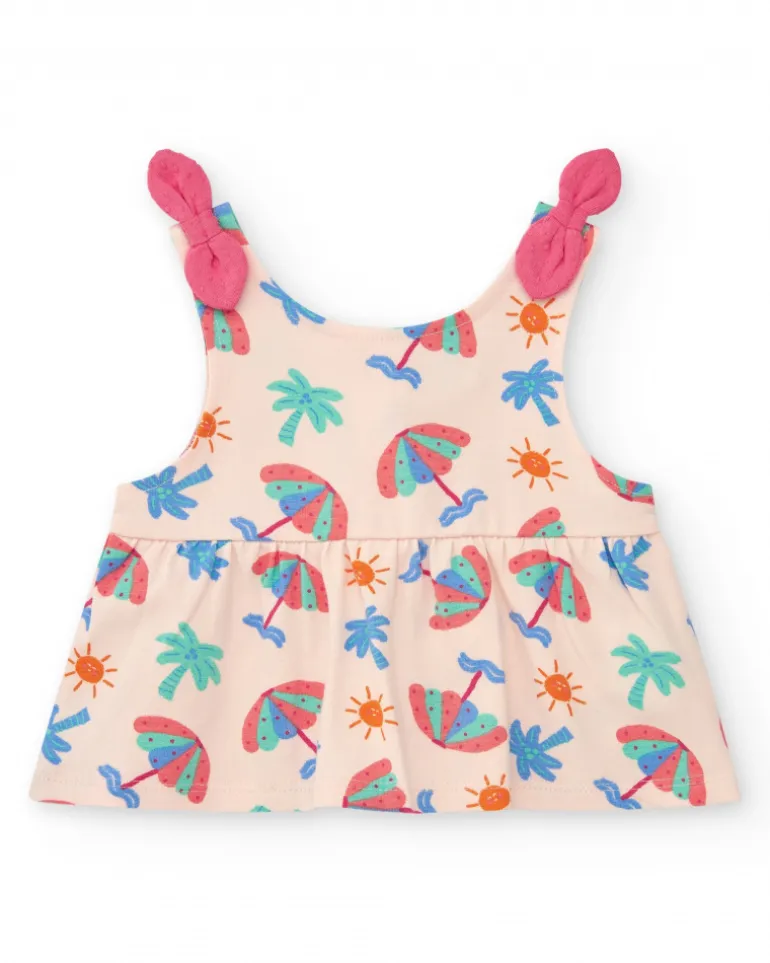 Ensemble crème pour fille avec blouse de parapluies et shorts roses à volants