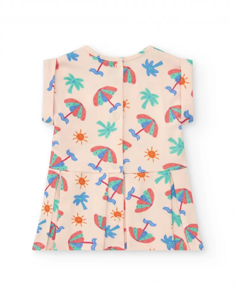Ensemble crème pour fille avec robe de parasols et culotte rose