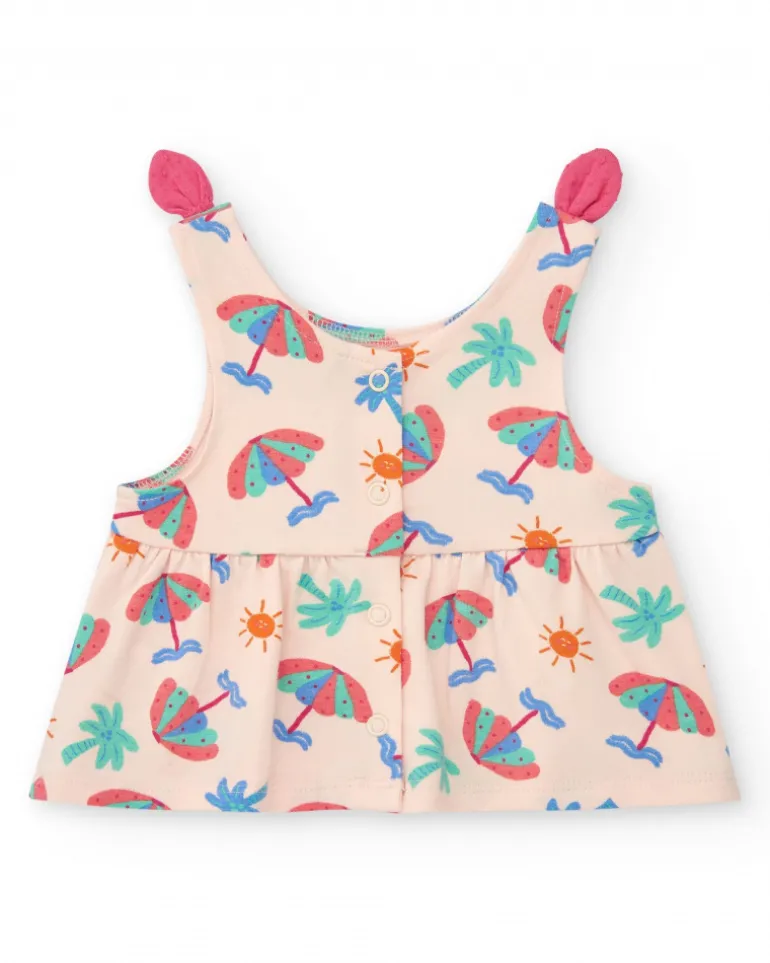 Ensemble crème pour fille avec blouse de parapluies et shorts roses à volants