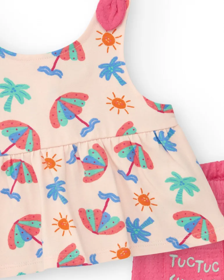 Ensemble crème pour fille avec blouse de parapluies et shorts roses à volants