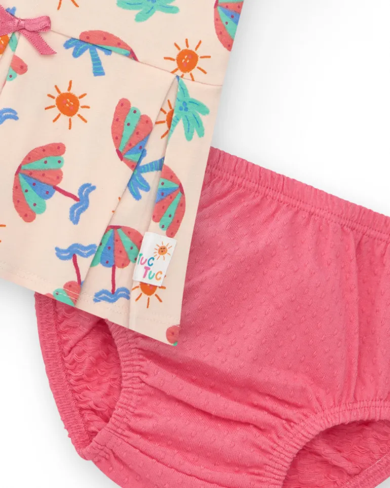 Ensemble crème pour fille avec robe de parasols et culotte rose