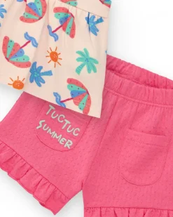 Ensemble crème pour fille avec blouse de parapluies et shorts roses à volants