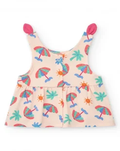 Ensemble crème pour fille avec blouse de parapluies et shorts roses à volants